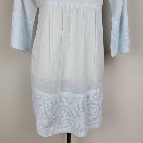 Le Cera Hand Sewed Blue Floral Patchwork Button Beach Cover Up Sheer Tunic Top S - Picture 8 of 15